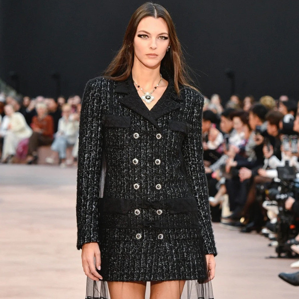 2026 New Women's Double-Breasted Tweed and Silk Trim Mid-Length Jacket with Lapel #81936L