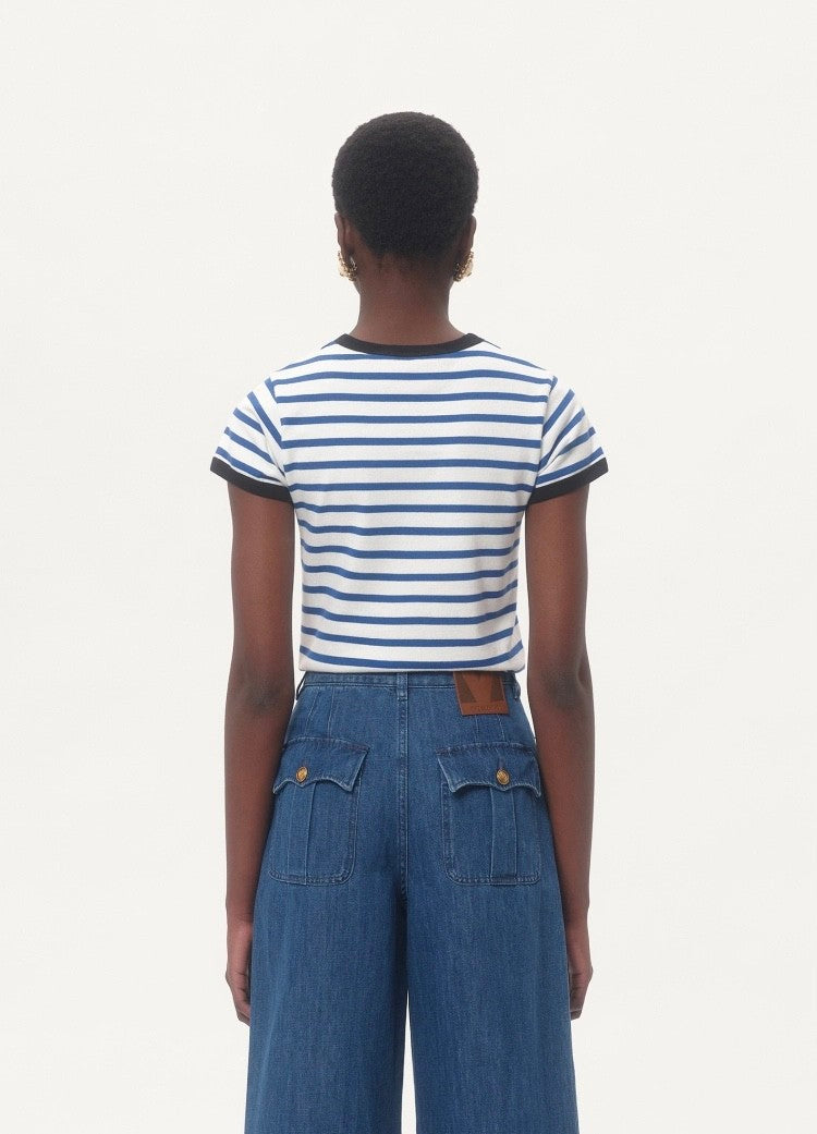 Women's Summer Red and Blue Striped Printed Round Neck Cotton Short Sleeve T-Shirt #75823