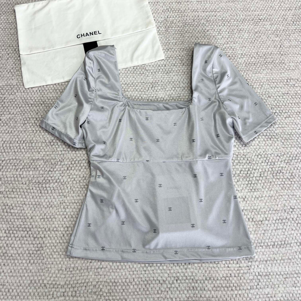 Women's Summer Gray Logo Printed Square Neck Cotton Short Sleeve T-Shirt Top #72533