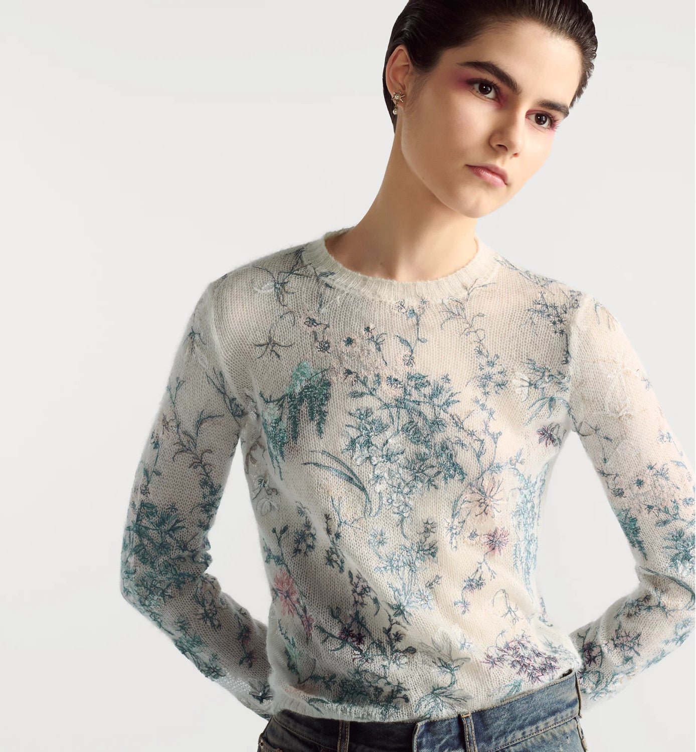 Women's Spring. Autumn And Winter Floral Embroidery Solid Color Mohair Long Sleeve Round Neck Pullover Knitted Sweater Ngvp #1539