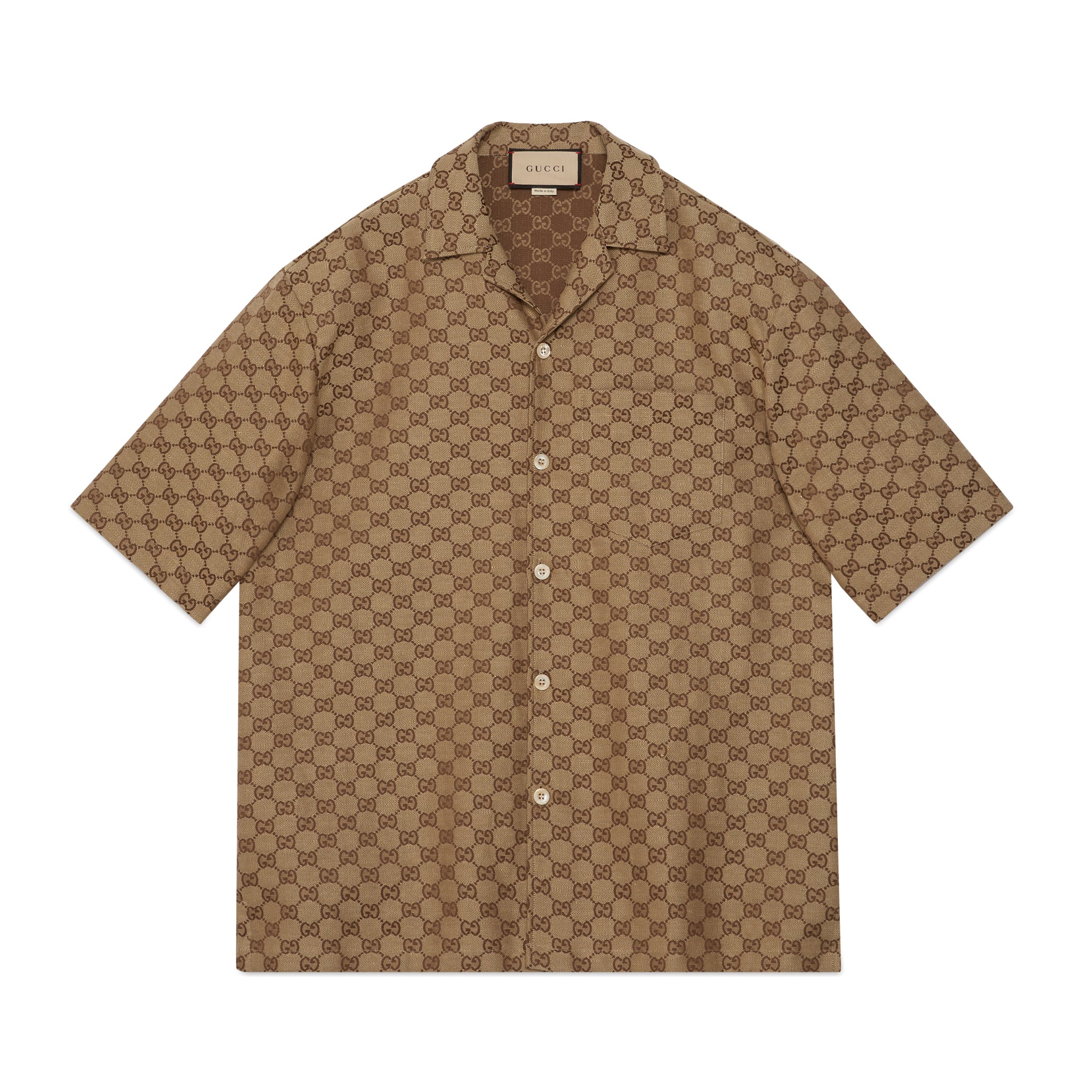 Men's Summer Brown Lapel Single Breasted Logo Printed Short Sleeve Shirt #98679