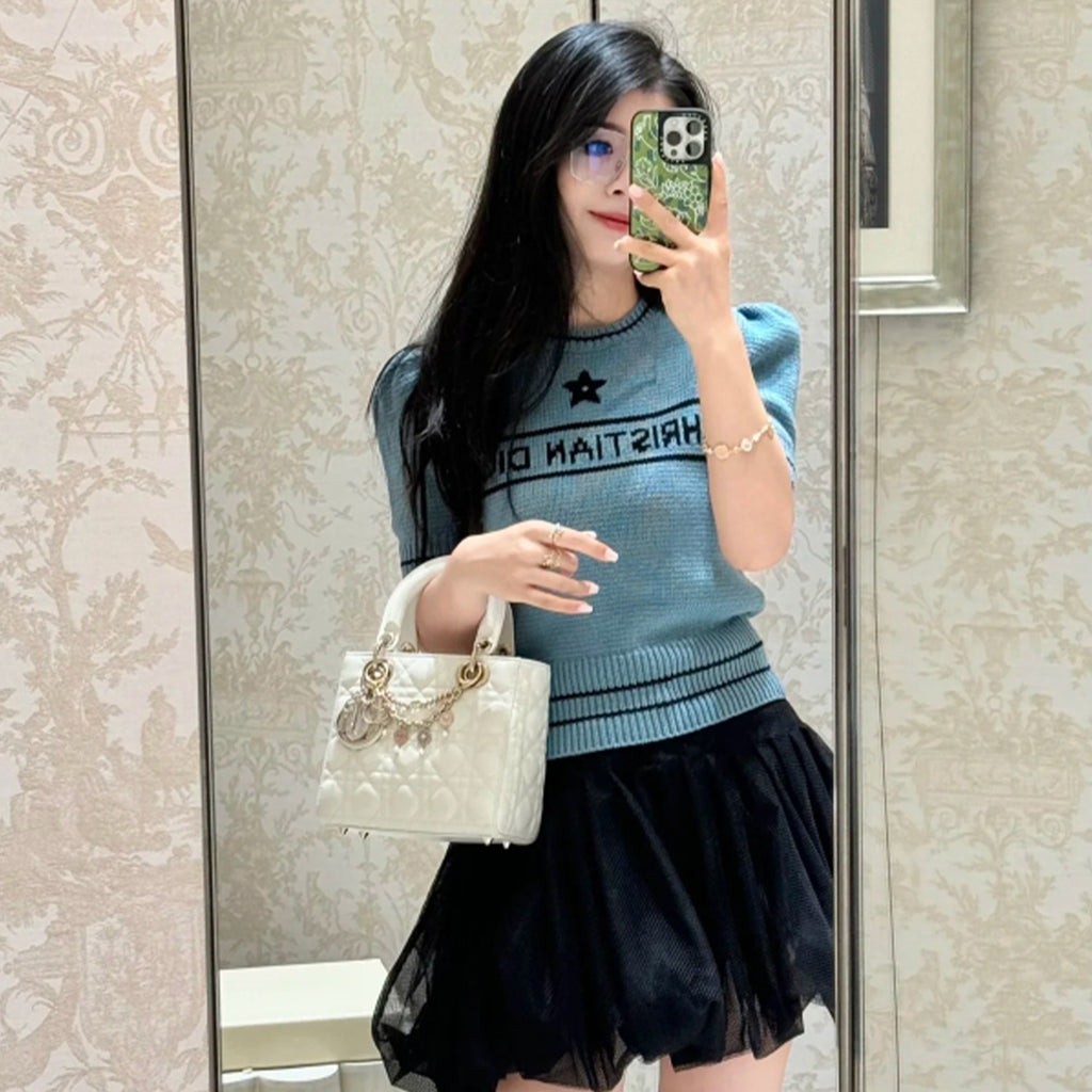 Women's Wool Blend Knit Short Sleeve Top Round Neck Fashion Temperament Short T-Shirt Knitwear #81137