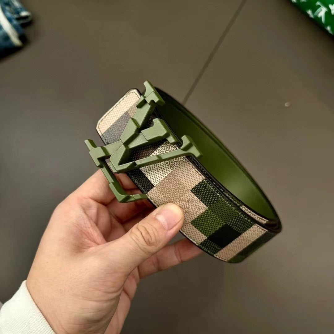 Mega Pixel Men's Four Seasons Fashion Camo Cowhide Belt Logo Luxury Double Sided Belt Width 4cm Accessories #71221