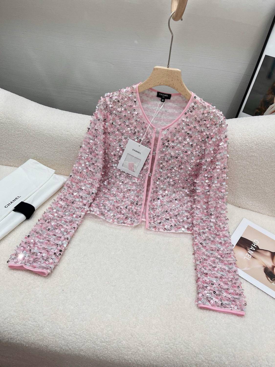 Women's Spring And Summer Sequin Design Round Neck Single-breasted Pink Long sleeved Knit Sweater Jacket Ngvp #73656