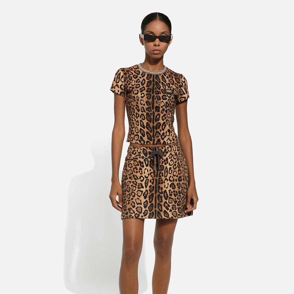 Women's Summer Leopard Crespo Cotton Round Neck Short Sleeve T-Shirt Casual Mini Skirt #71648