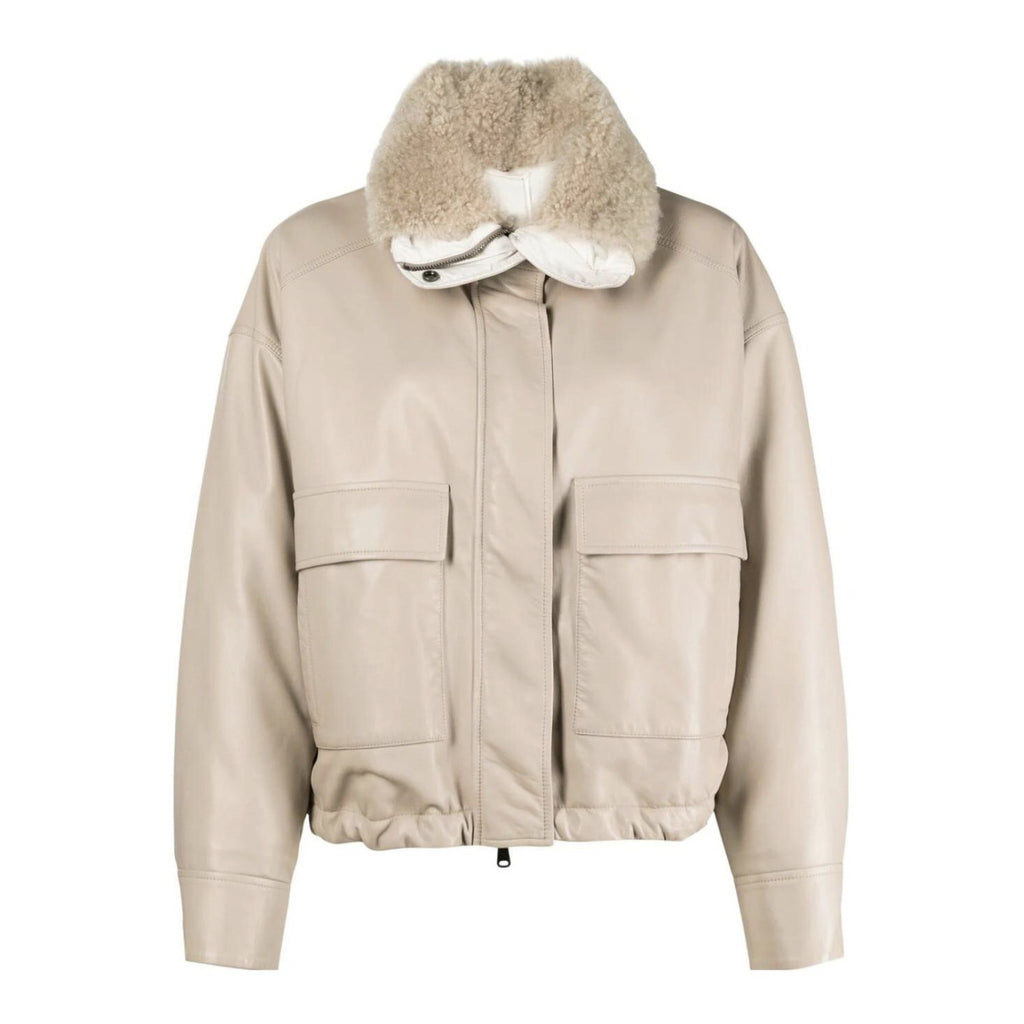 Women's Winter Beige Fur Collar Silhouette Soft Napa Lambskin Long Sleeve Leather Jacket #98471