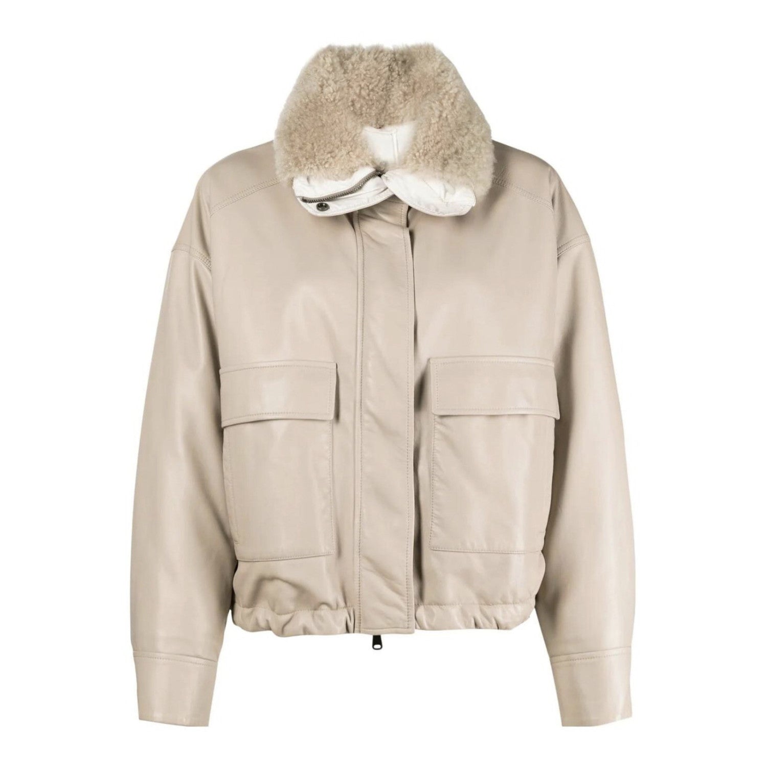 Women's Winter Beige Fur Collar Silhouette Soft Napa Lambskin Long Sleeve Leather Jacket #98471