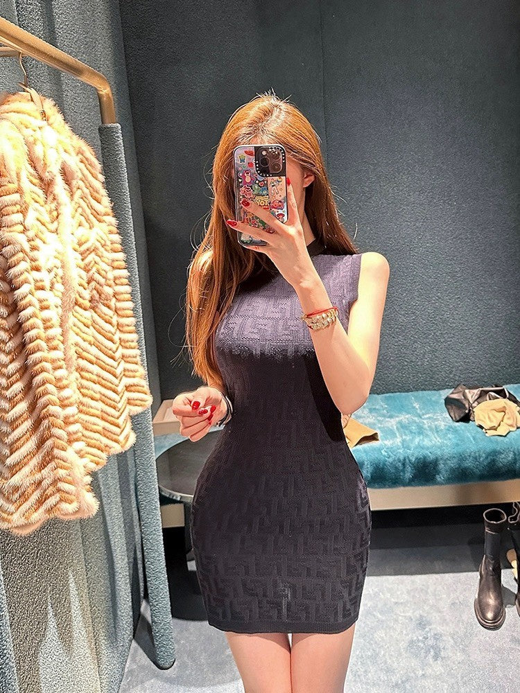 Women's Spring/Summer Solid Color Monogram Printed Round Neck Knit Sleeveless Dresses #72621