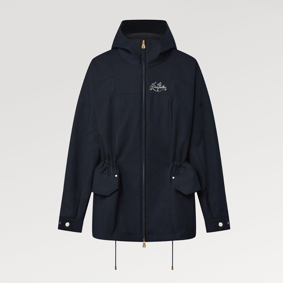 Men's Solid Logo Embroidered Hooded Zipper Blue Long Sleeve Fitted Parker Jacket Coat #71458