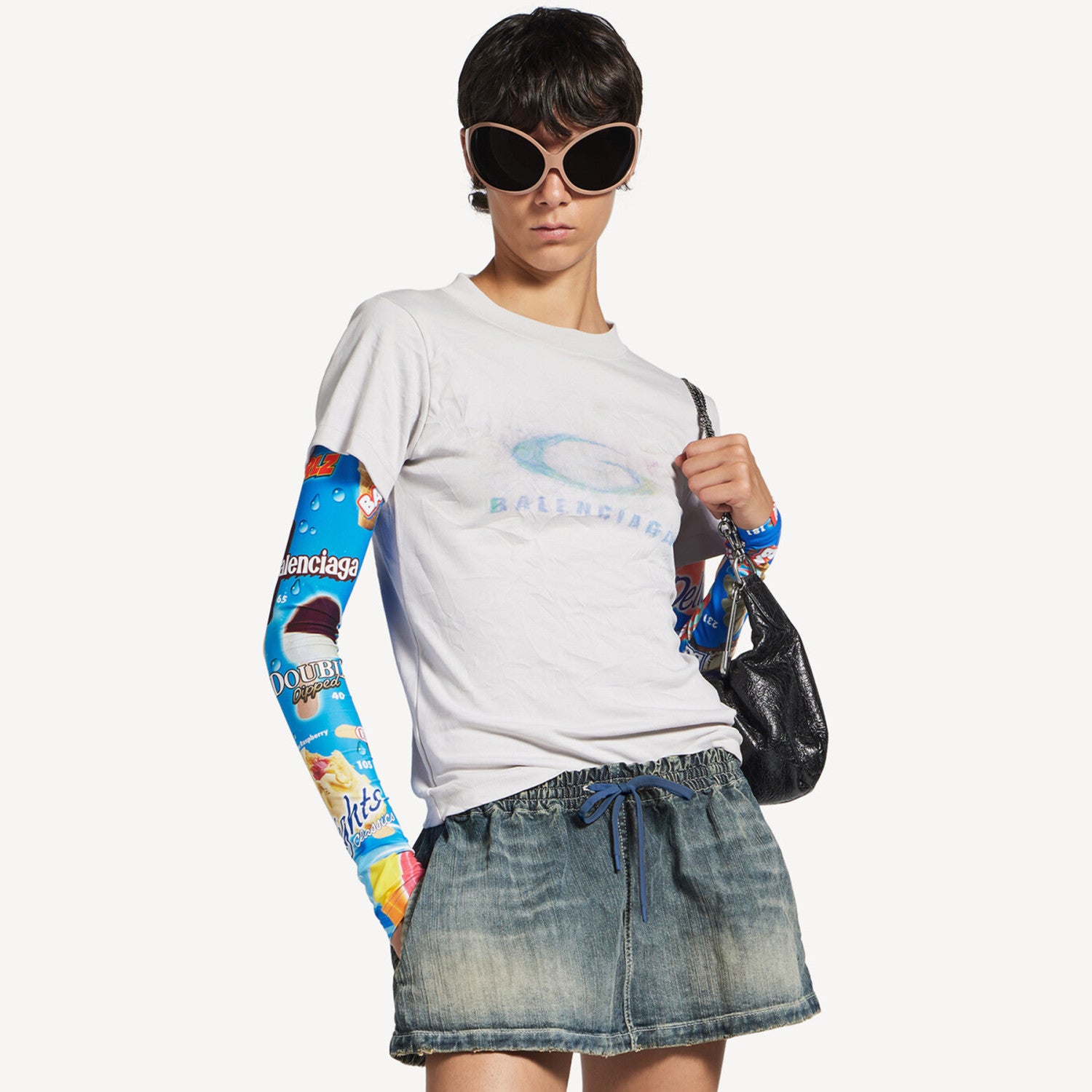 Washed Crayon Loop Distressed White And Blue Stretch Plain Weave Double-sleeve T-shirt Faux Two-piece Long-sleeve T-shirt For Women Spring/summer #194398