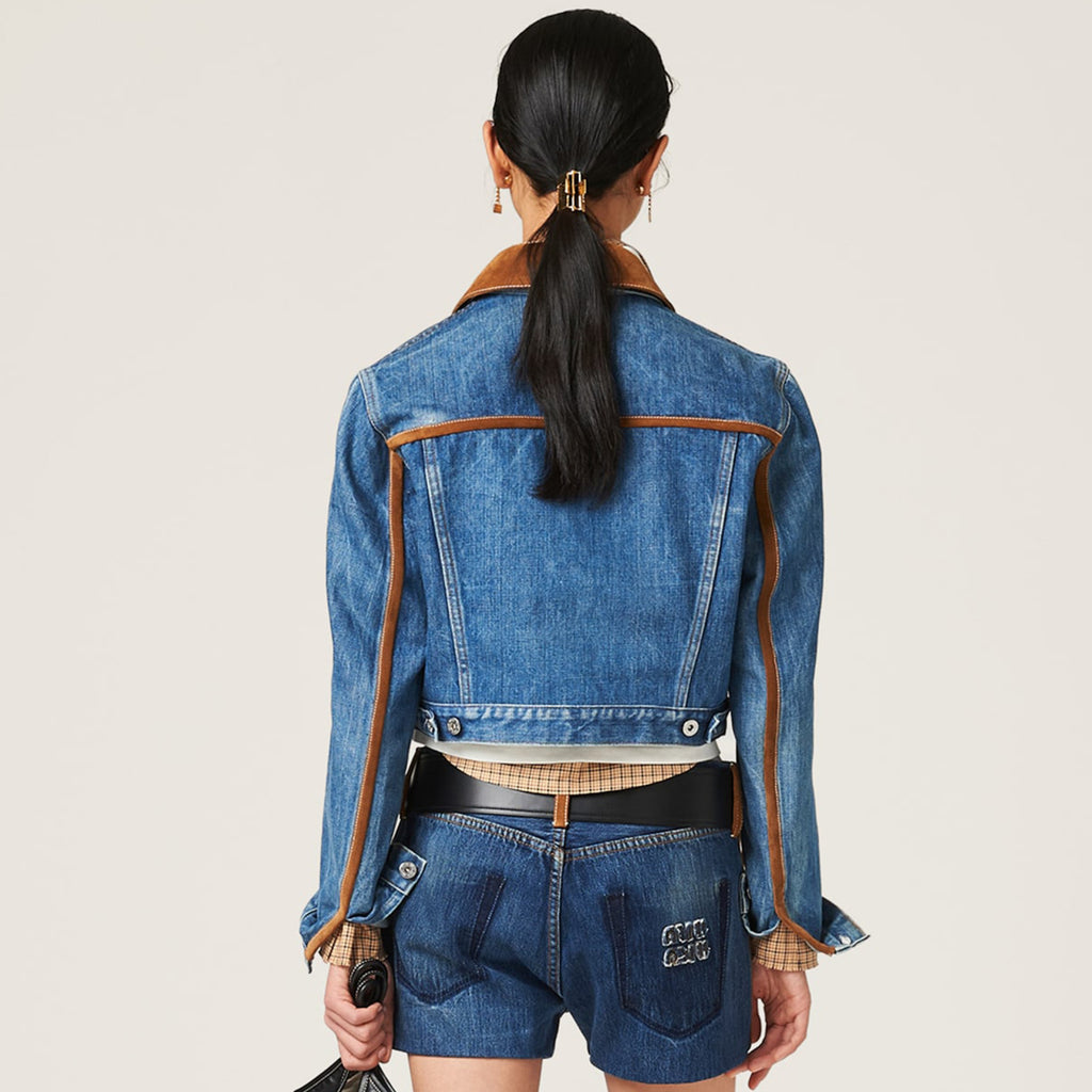 Women's Upcycled Spring And Fall Tannin Short Denim Jacket Colorblocking Slim Washed Cotton Casual Single Breasted Jacket #72322