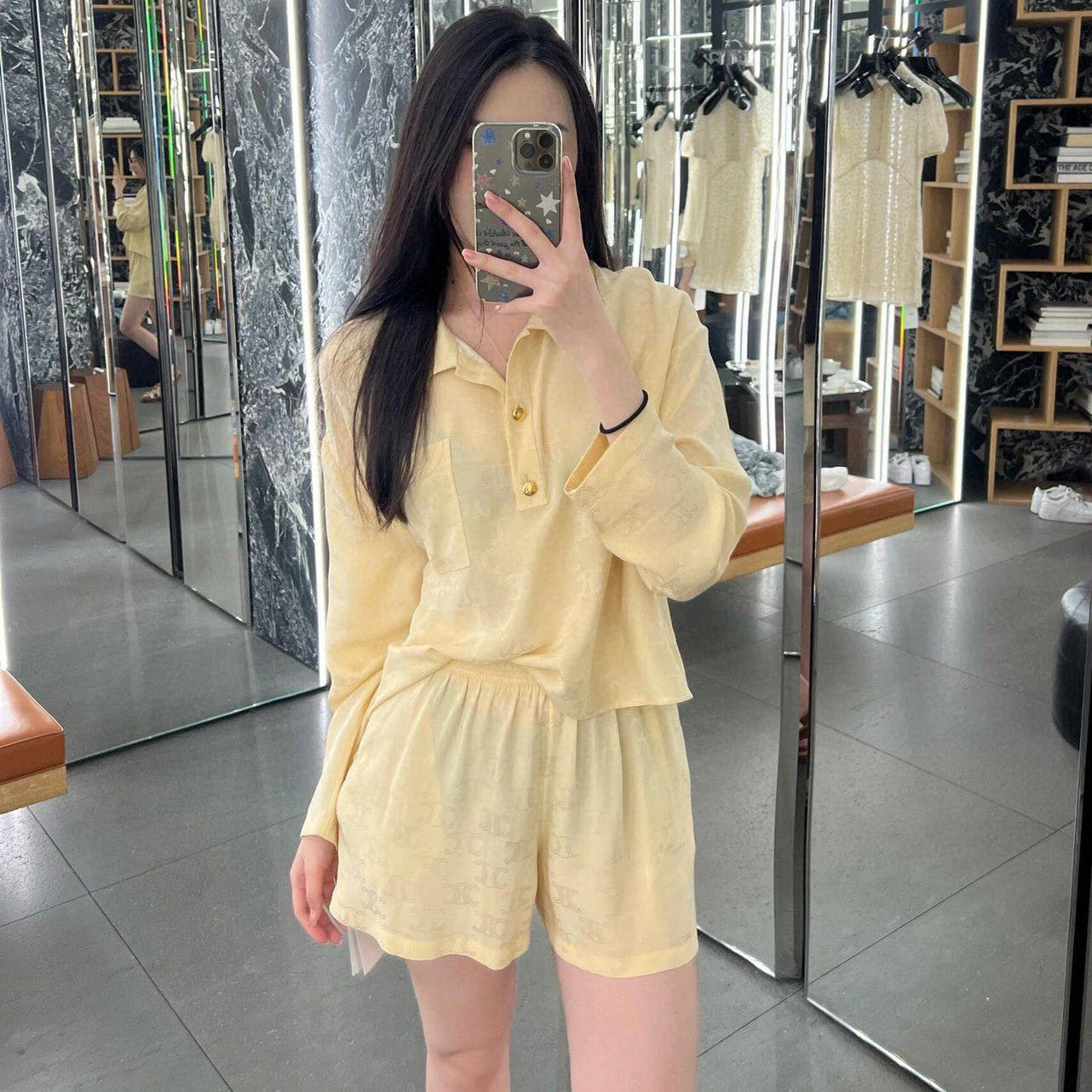 Women's Solid Color Logo Pocket Loose Long Sleeve Polo Shirt Elastic Casual Shorts Set Suit #72283