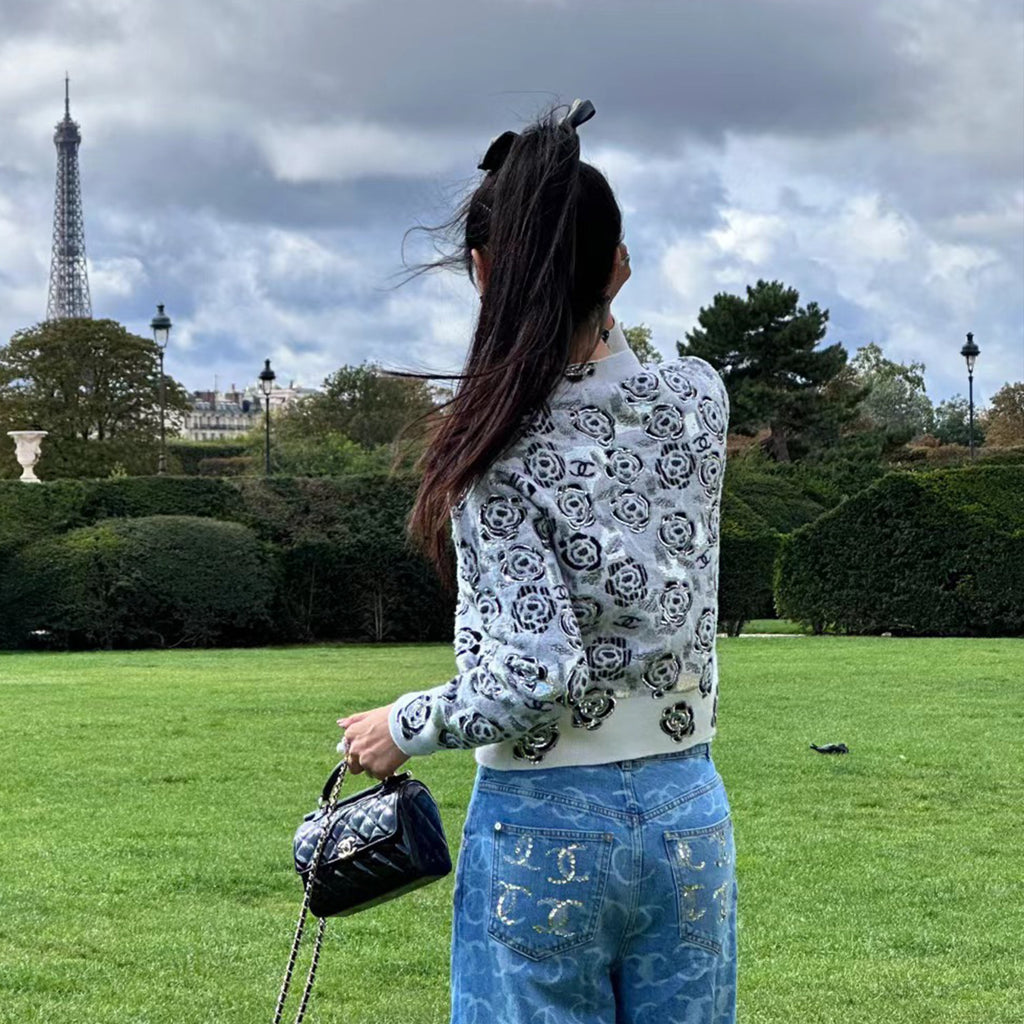 Women's Fall And Winter Sequin Cashmere Sweater Camellia Logo Jacquard Knit Pullover Sweater Knitted #71656