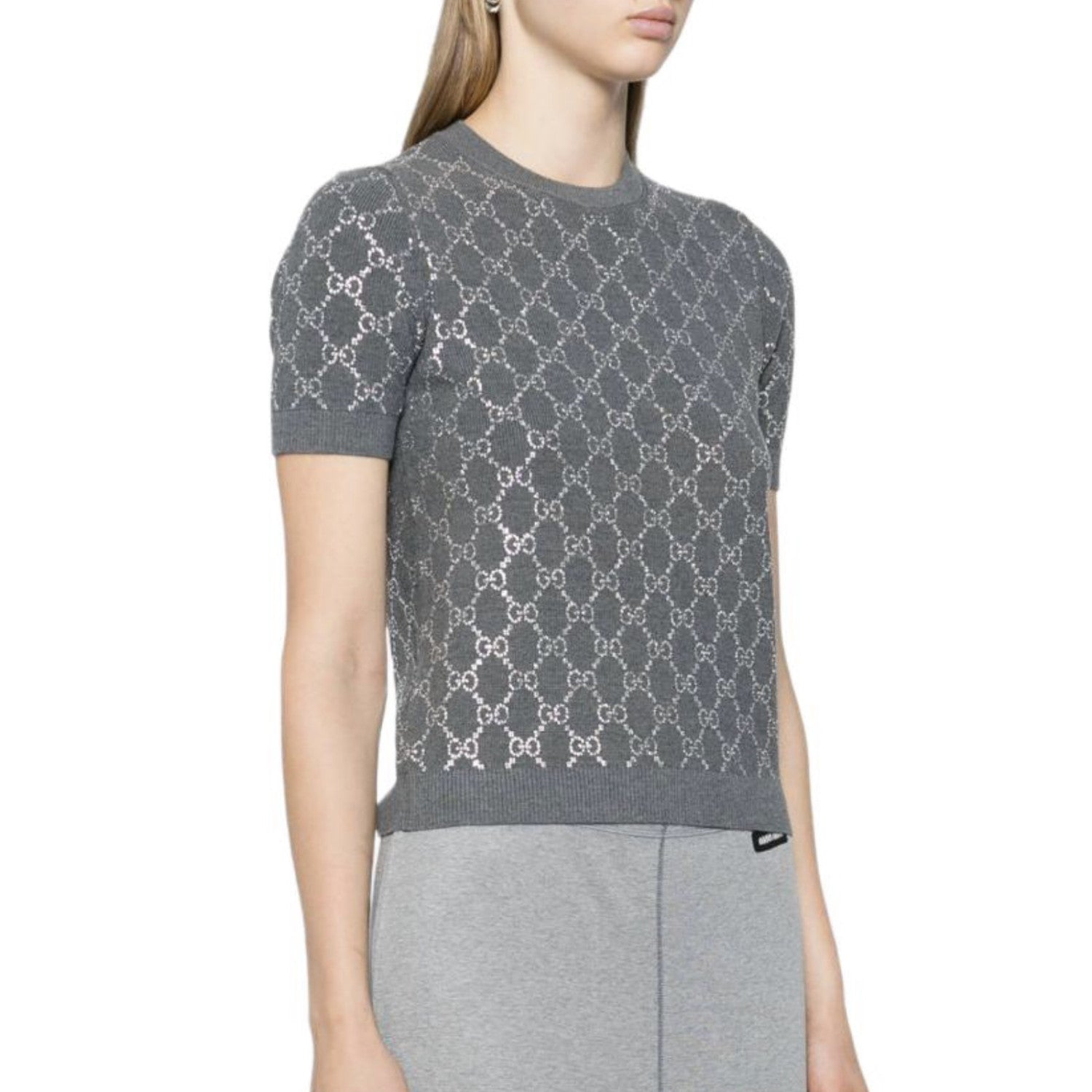 Women's Summer Gray Letter Logo Rhinestone Decoration Slim Short Sleeve Knit T-Shirt #72992