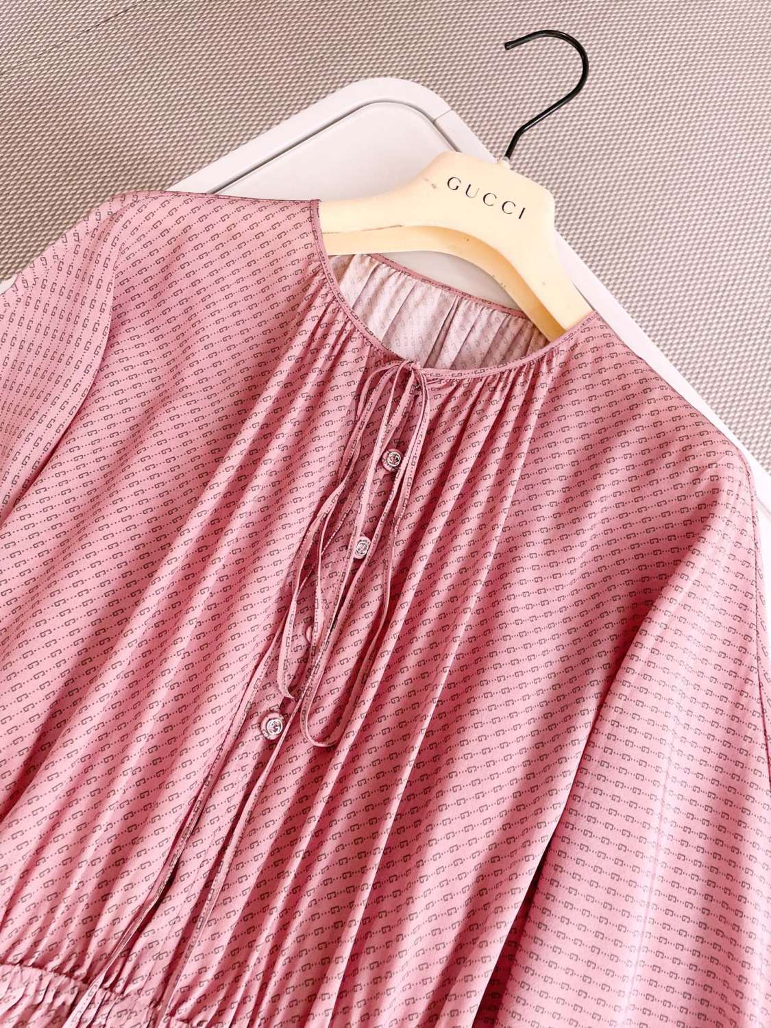 Women's Summer Pink All Over Logo Printed Silk Tunic Long Sleeve Dresses #72483