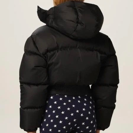 Women's Fall and Winter Black Logo Printed Fluffy Shorts Down Hooded Zipper Long Sleeve Jacket #72333