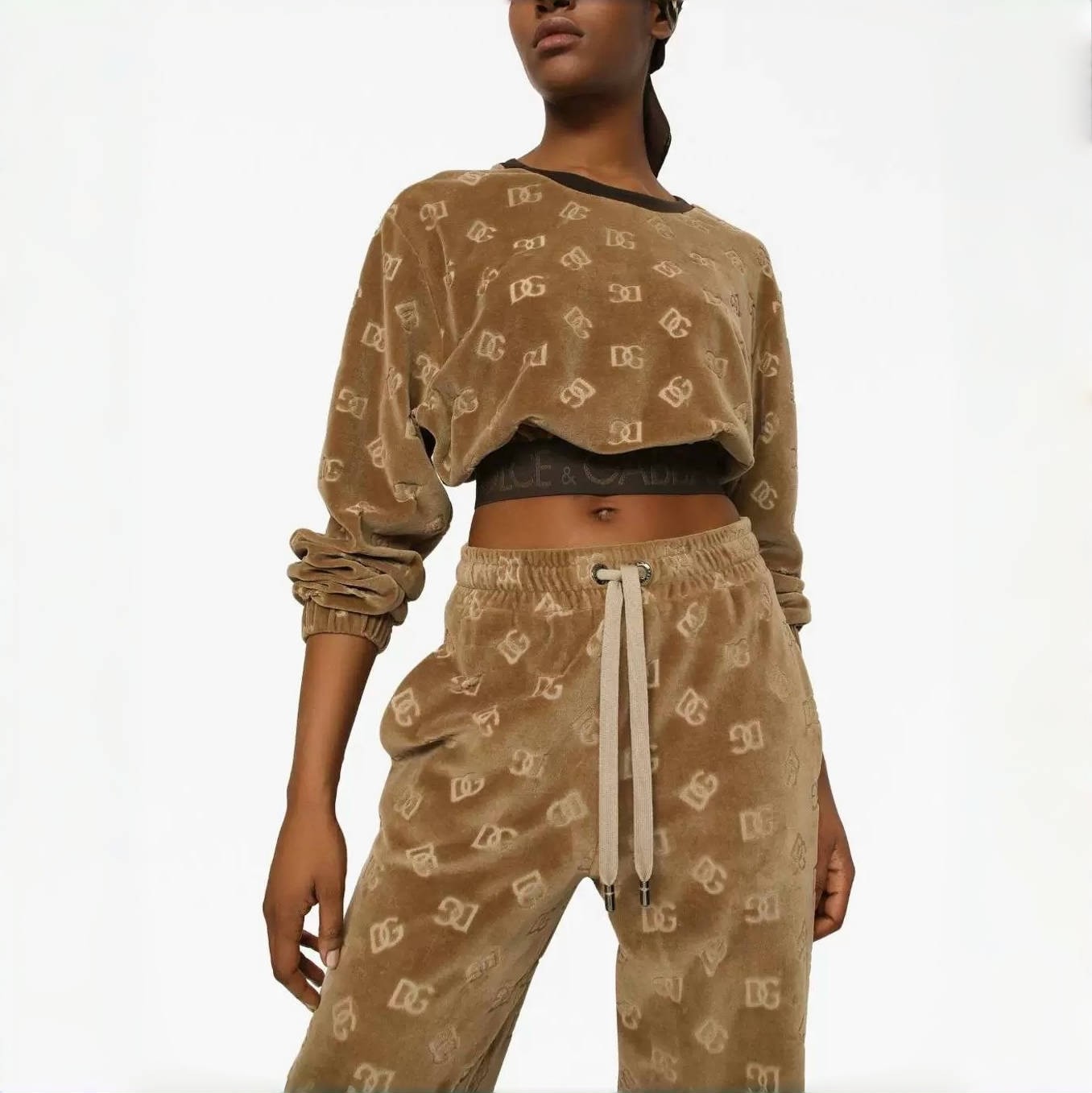 Women's Spring and Autumn Brown Letter Printed Velvet Fabric Knitted Sweater Lace-Up Leisure Pants Set Suit #72662