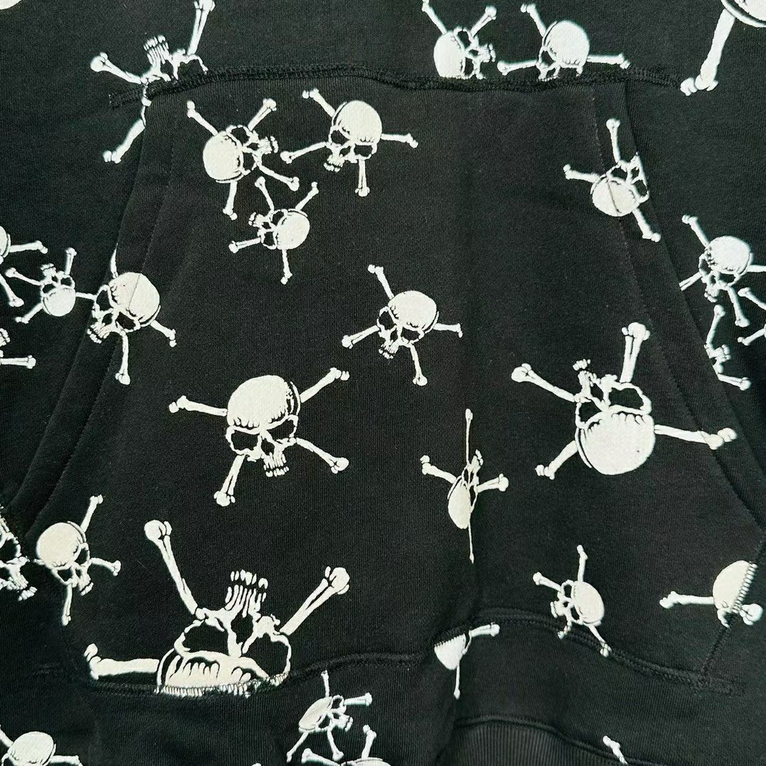 Men's Spring And Autumn Skull Print Long Sleeve Black Cotton Hooded Sweatshirt Ngvp #7944