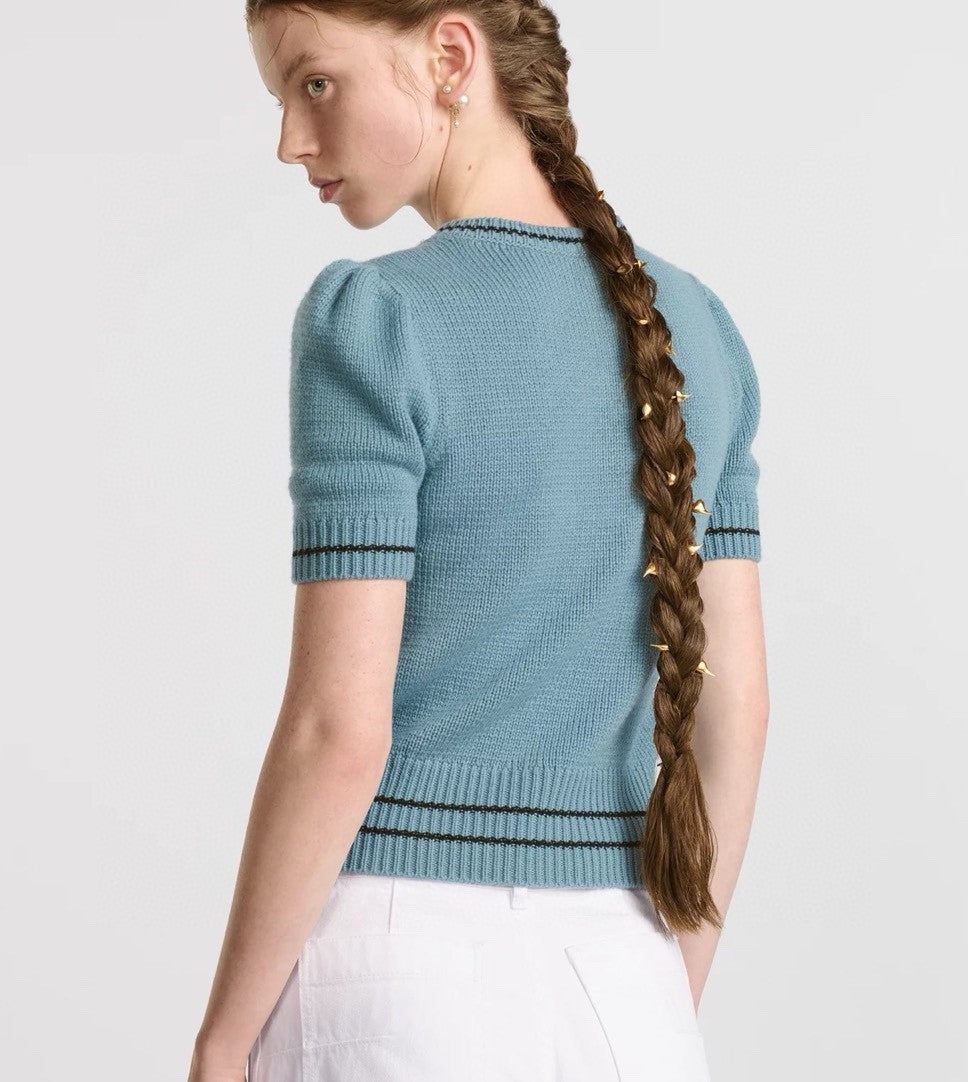 Women's Summer White Logo Round Neck Cashmere Knit Short Sleeve T-Shirt #74553