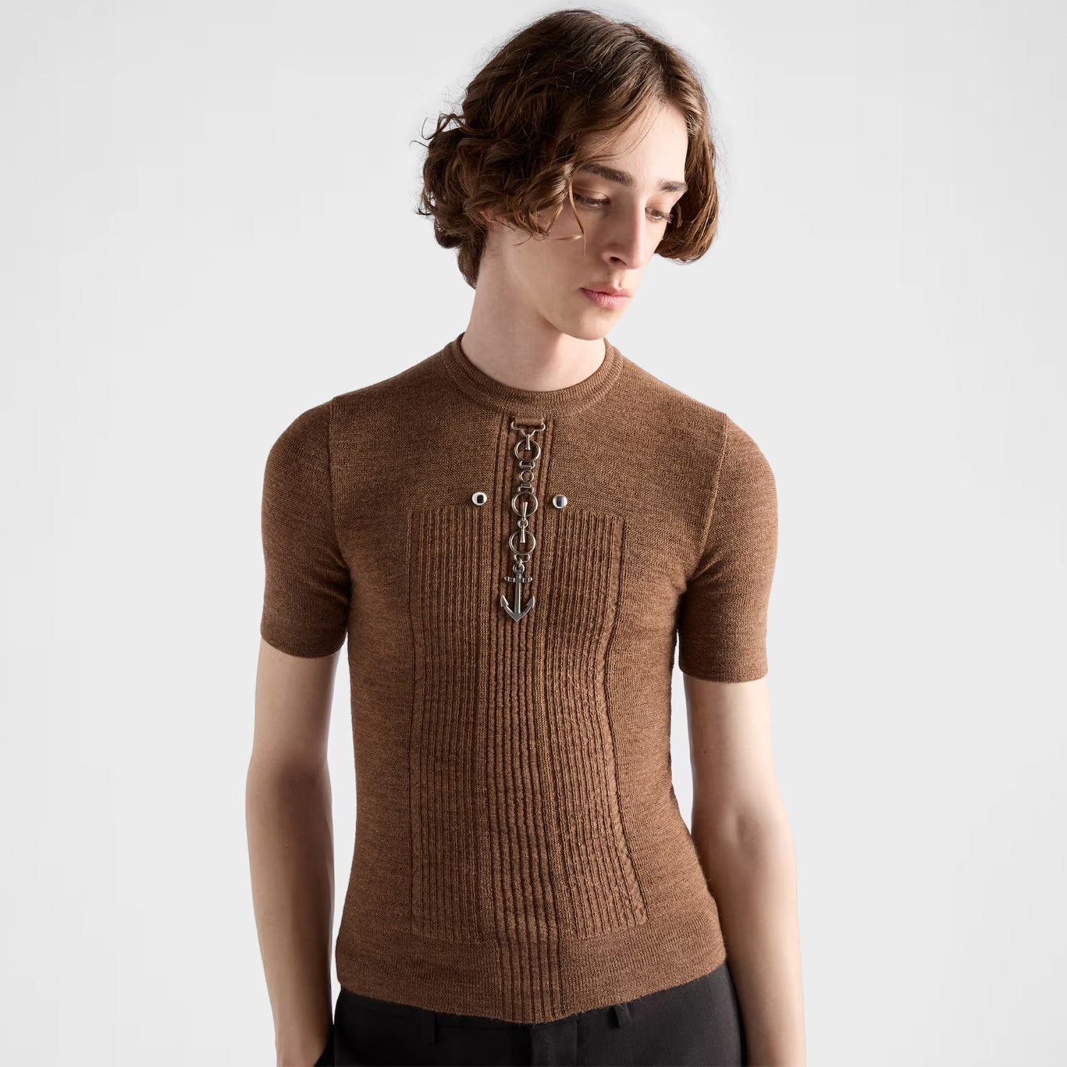 Men's Spring/summer Crew Neck Sweater With Studded Pendant Fashionable Slim-fit Short-sleeve Casual Knit T-shirt #194319