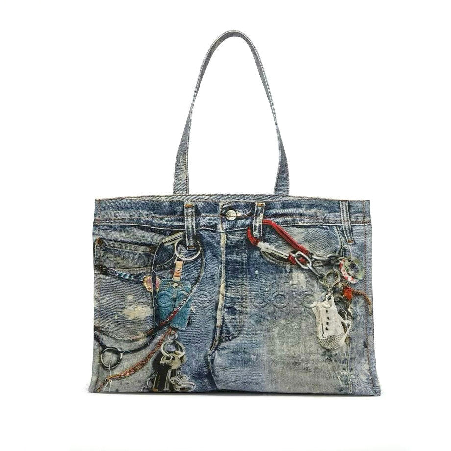 Acne Studios Women's Fashion Retro Color-Block Logo Denim Patchwork Print Tote Bag Shoulder Bag Bags #78793