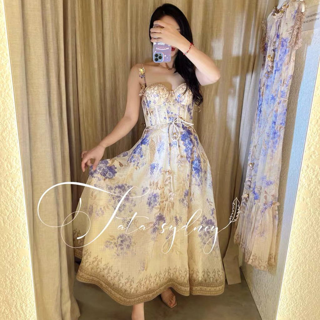 Dawning Picnic Dress Women's Spring And Summer Silk Linen Mid-length Dress Heart-shaped Neckline Spaghetti Straps Large Hem Dress Fashionable Temperament Elegant Luxury Dresses #81131