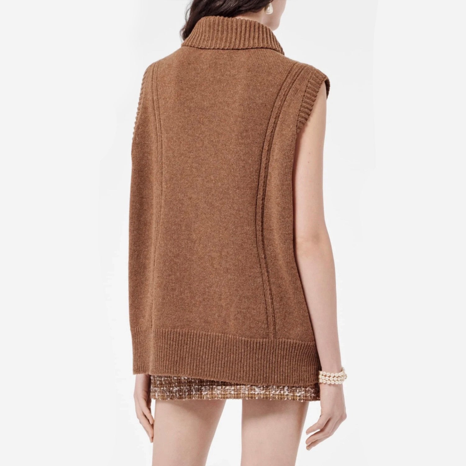 Women's Spring And Autumn Brown Zipper Vintage Fashion Cashmere Knit Vest Sleeveless Single Breasted Top Ngvp #8941