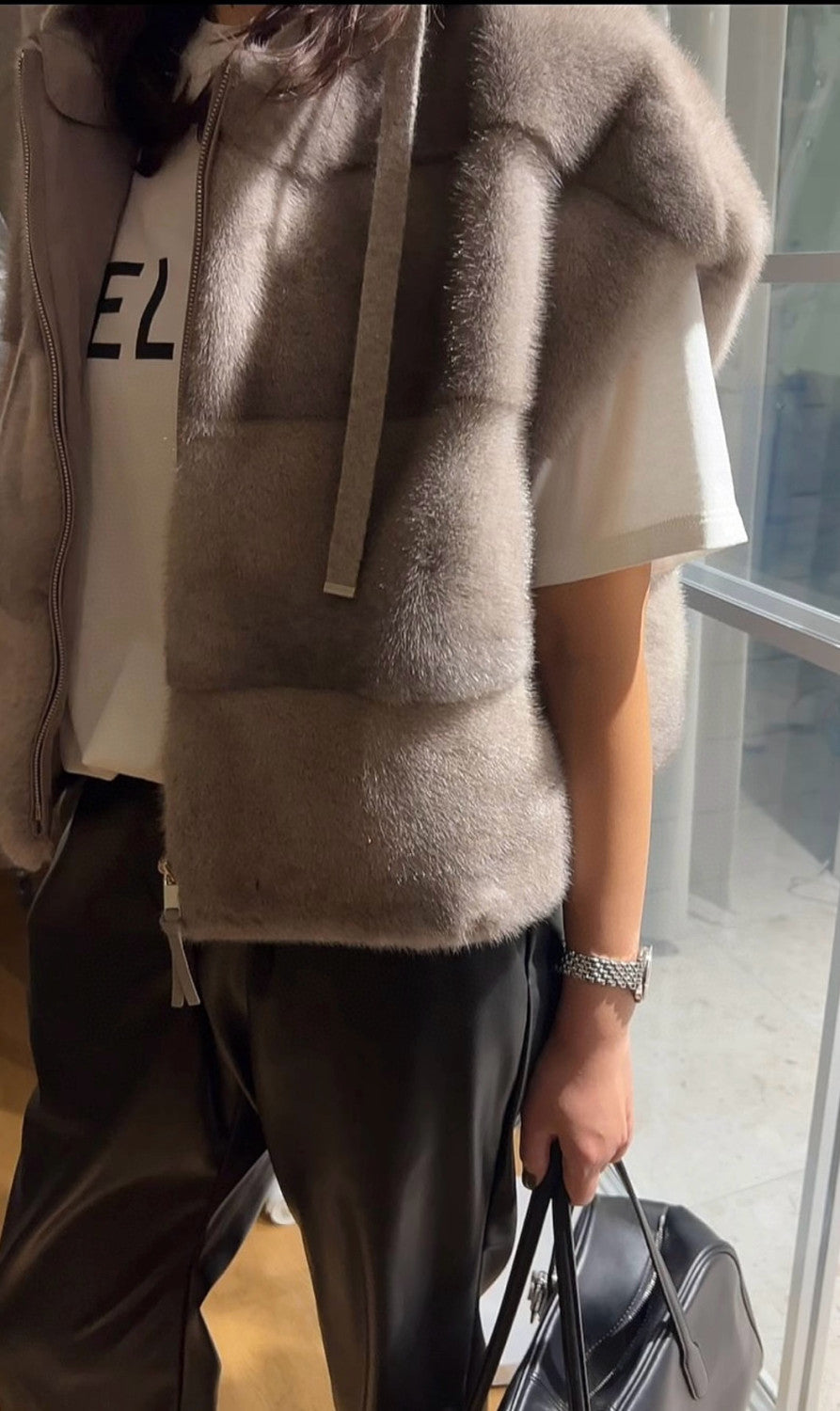 Women's Fall/Winter Wool Cashmere Knit Solid Color Zipper Drawstring Full-Length Mink Hooded Vest Ngvp #2518