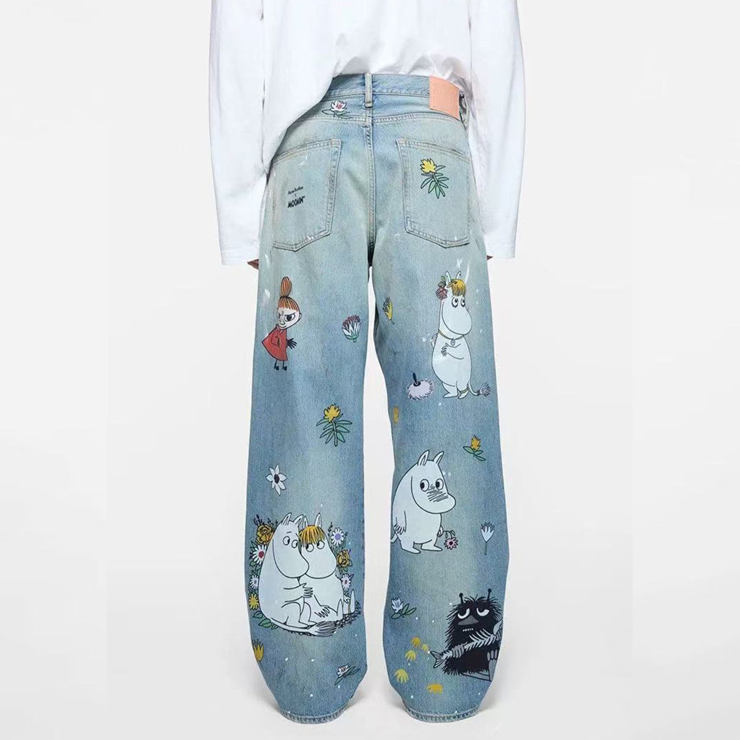 X Moomin Women's Spring/summer Straight Leg Casual Anime Print Fashionable High Street Wide Leg Loose Fit Denim Pants Ngvp #2176