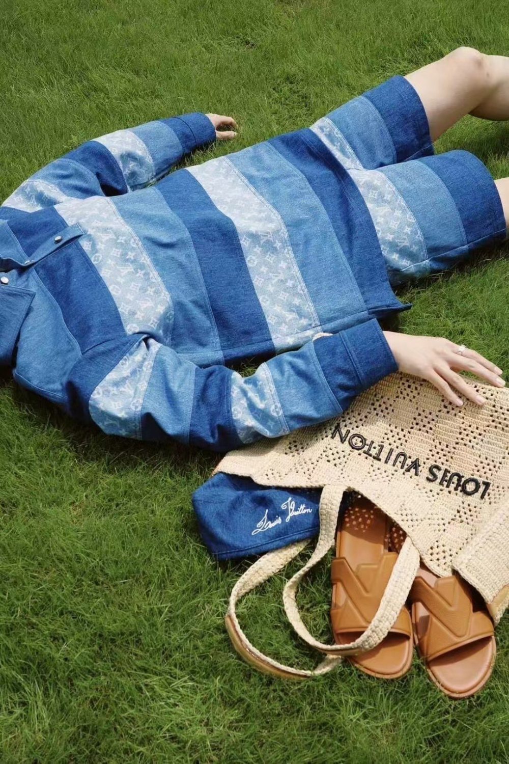 Men's Spring And Summer Fashion Retro Print Casual Pants Striped Stitching Denim Shorts #72324