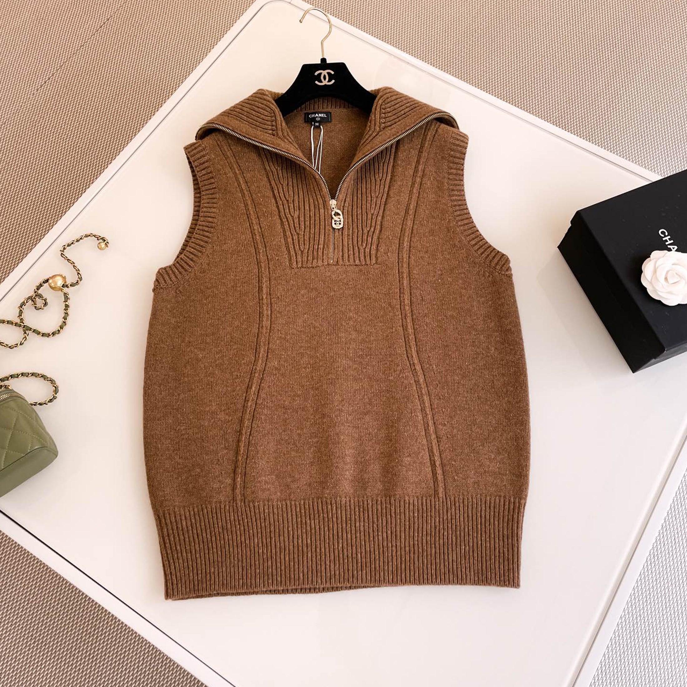 Women's Spring And Autumn Brown Zipper Vintage Fashion Cashmere Knit Vest Sleeveless Single Breasted Top Ngvp #8941