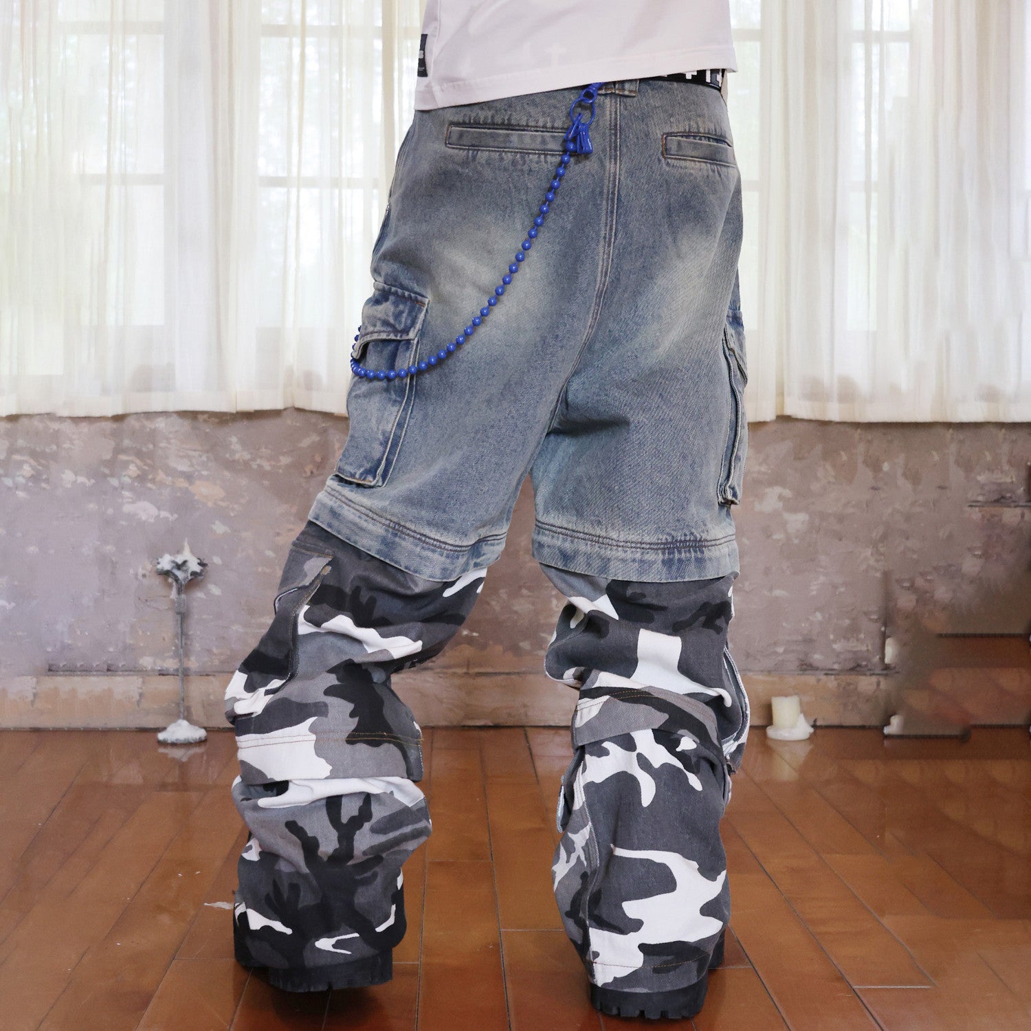 Groupmarek Men's Summer Blue Multi Pocket Water Washed Combination Camo Detachable Casual Denim Pants Ngvp #8395