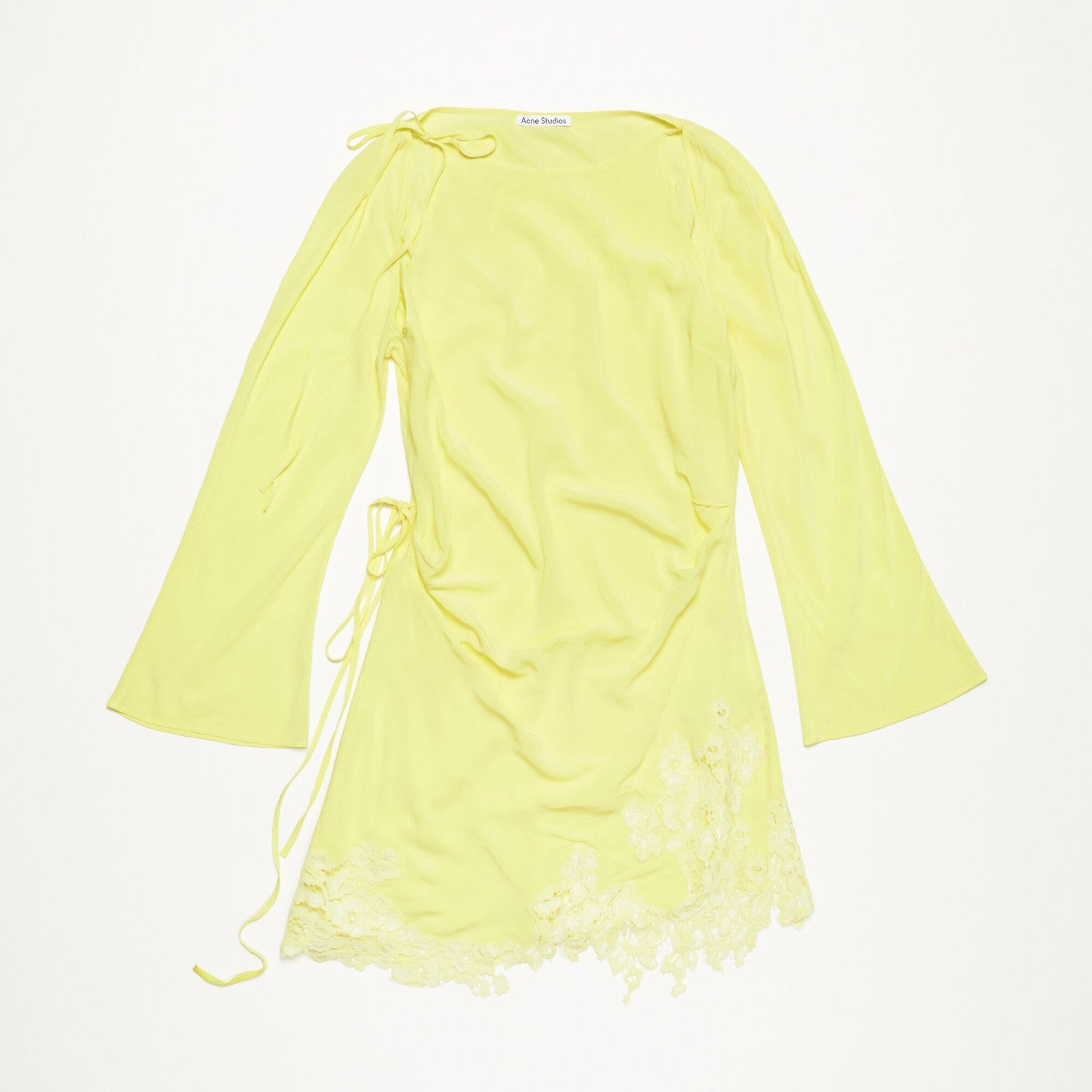 Women's Summer Yellow Lace Side Shoulder Hollow Tie Long Sleeve Fitted Dresses Ngvp #8747