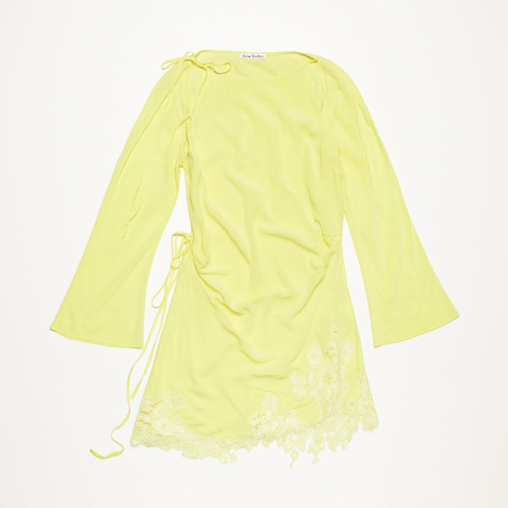 Women's Summer Yellow Lace Side Shoulder Hollow Tie Long Sleeve Fitted Dresses Ngvp #8747