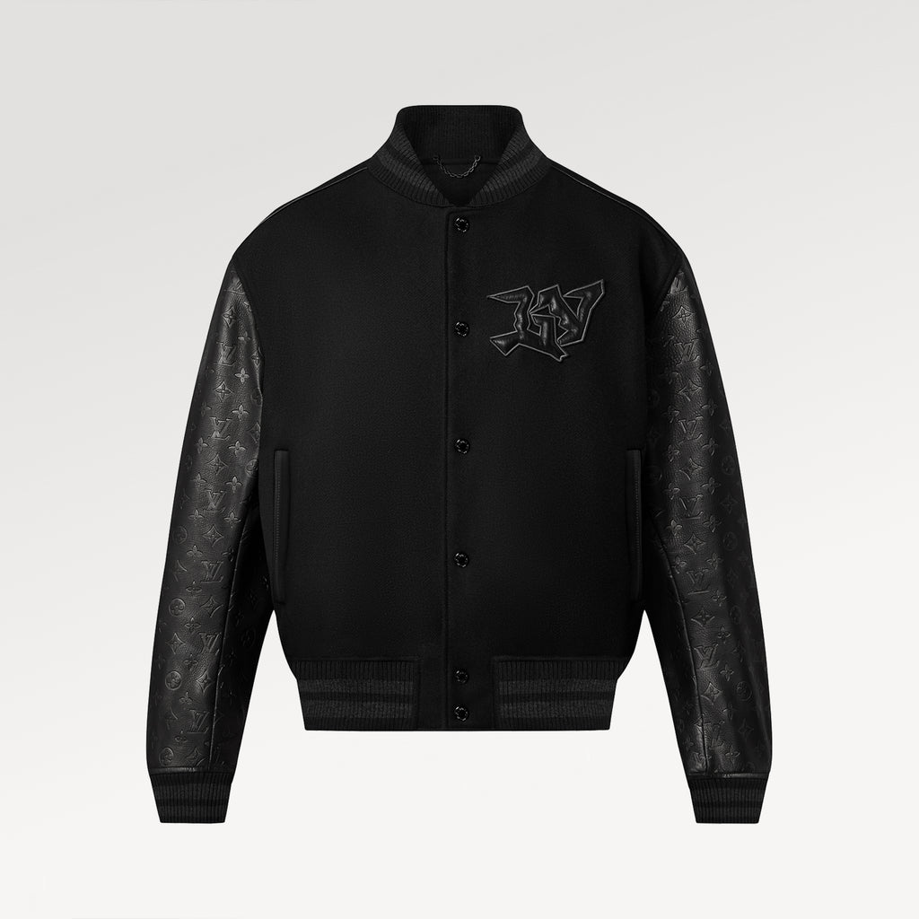 Men's Fall/winter Monogram Embossed Leather Drawstring Jacket Black Abstract Graffiti Logo Jacket Baseball Jersey  #71424