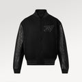 Men's Fall/winter Monogram Embossed Leather Drawstring Jacket Black Abstract Graffiti Logo Jacket Baseball Jersey  #71424