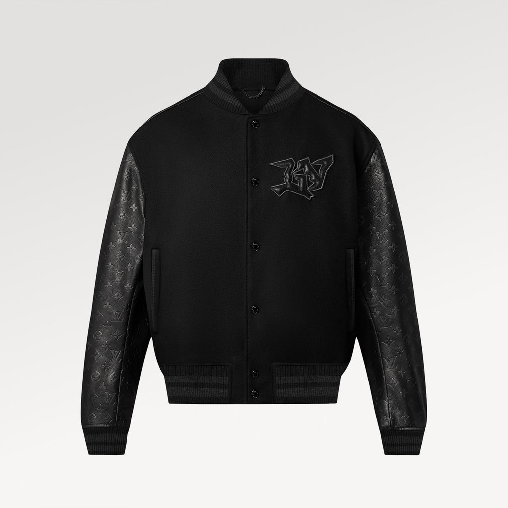 Men's Fall/winter Monogram Embossed Leather Drawstring Jacket Black Abstract Graffiti Logo Jacket Baseball Jersey  #71424