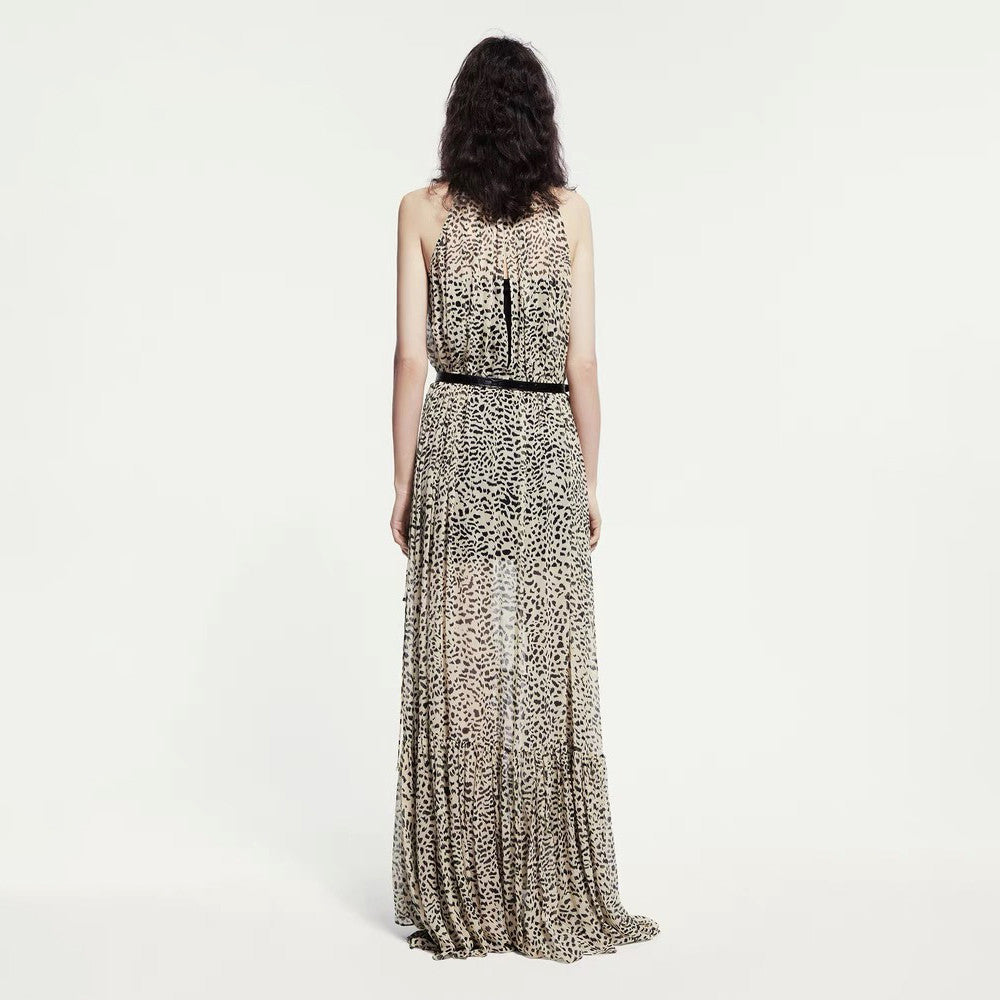 Women's Summer Round Neck Pullover Silk Fit Sleeveless Leopard Print Long Dresses #71631