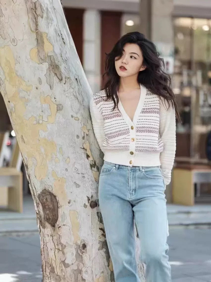 Women's Spring & Autumn Colorblocking Striped Knit Sweater Wool V-Neck Long Sleeve Fancy Cardigan Ngvp #9388