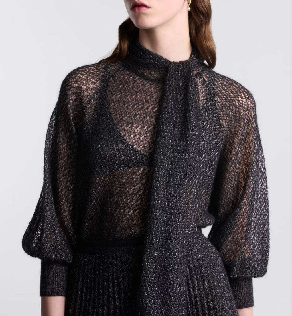 DiorWomen's Fall Mohair. Alpaca and Silk Blend Stretch Knit Top Black Bow Neck Fitted Long Sleeve Sweater Ngvp #9331