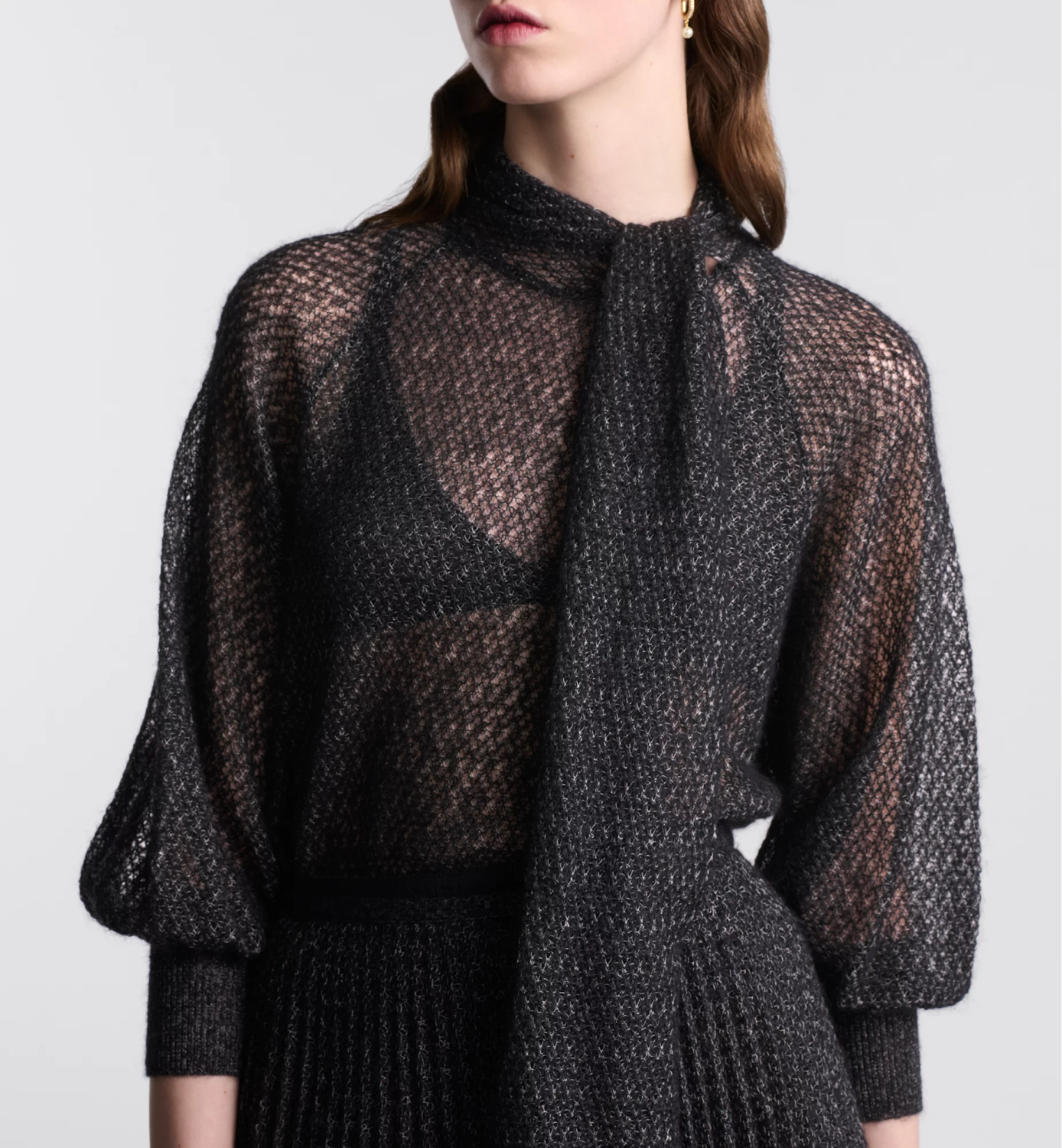 DiorWomen's Fall Mohair. Alpaca and Silk Blend Stretch Knit Top Black Bow Neck Fitted Long Sleeve Sweater Ngvp #9331