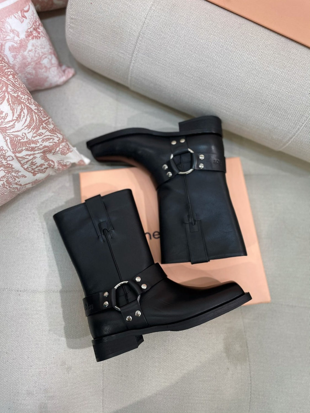 Acne Studios Women's Fashion Overlay Leather Buckle Boots Solid Color Casual Round Toe Boots Ngvp #9275