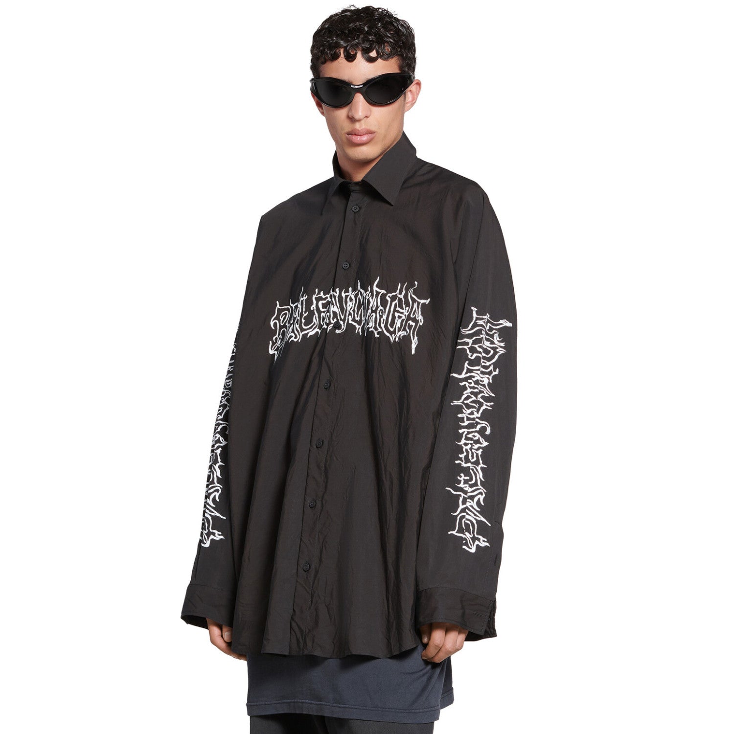 Men's Spring Summer DIY Metal Outline Engineered Black Cotton Poplin Large Silhouette Single Breasted Long Sleeve Shirt #98843