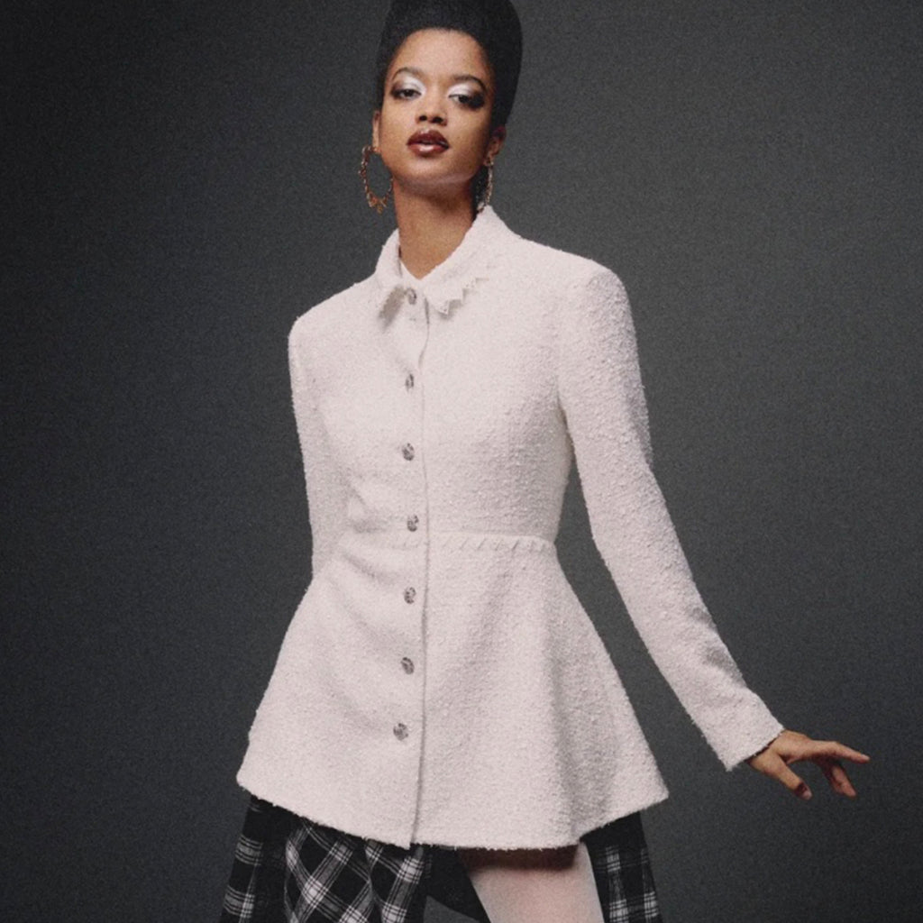 Women's Spring And Autumn White Sequin Lapel Single Breasted Coarse Tweed Waist Jacket Dress Ngvp #8526