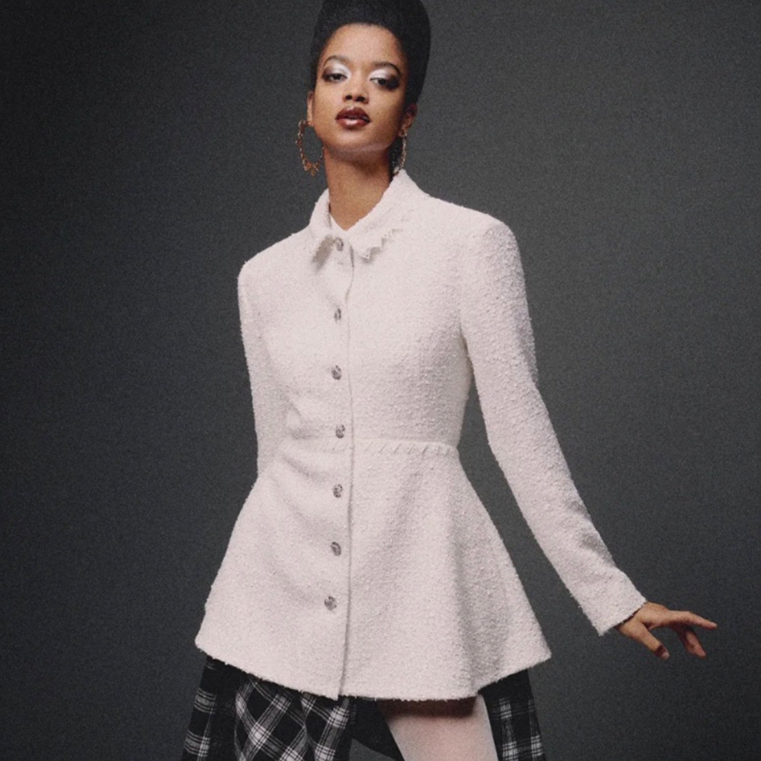 Women's Spring And Autumn White Sequin Lapel Single Breasted Coarse Tweed Waist Jacket Dress Ngvp #8526