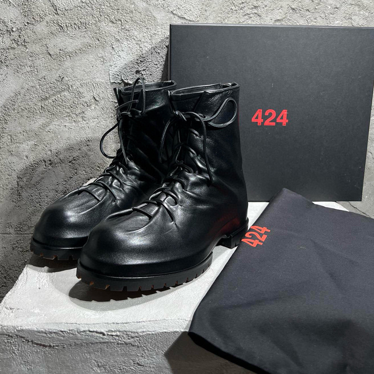 424 Men's Head Sheepskin Round Toe Lace Up Mid Calf Boots Pleated Dark Style Chunky Heel Thick Bottom Height Increasing Martin Boots  Shoes #71713