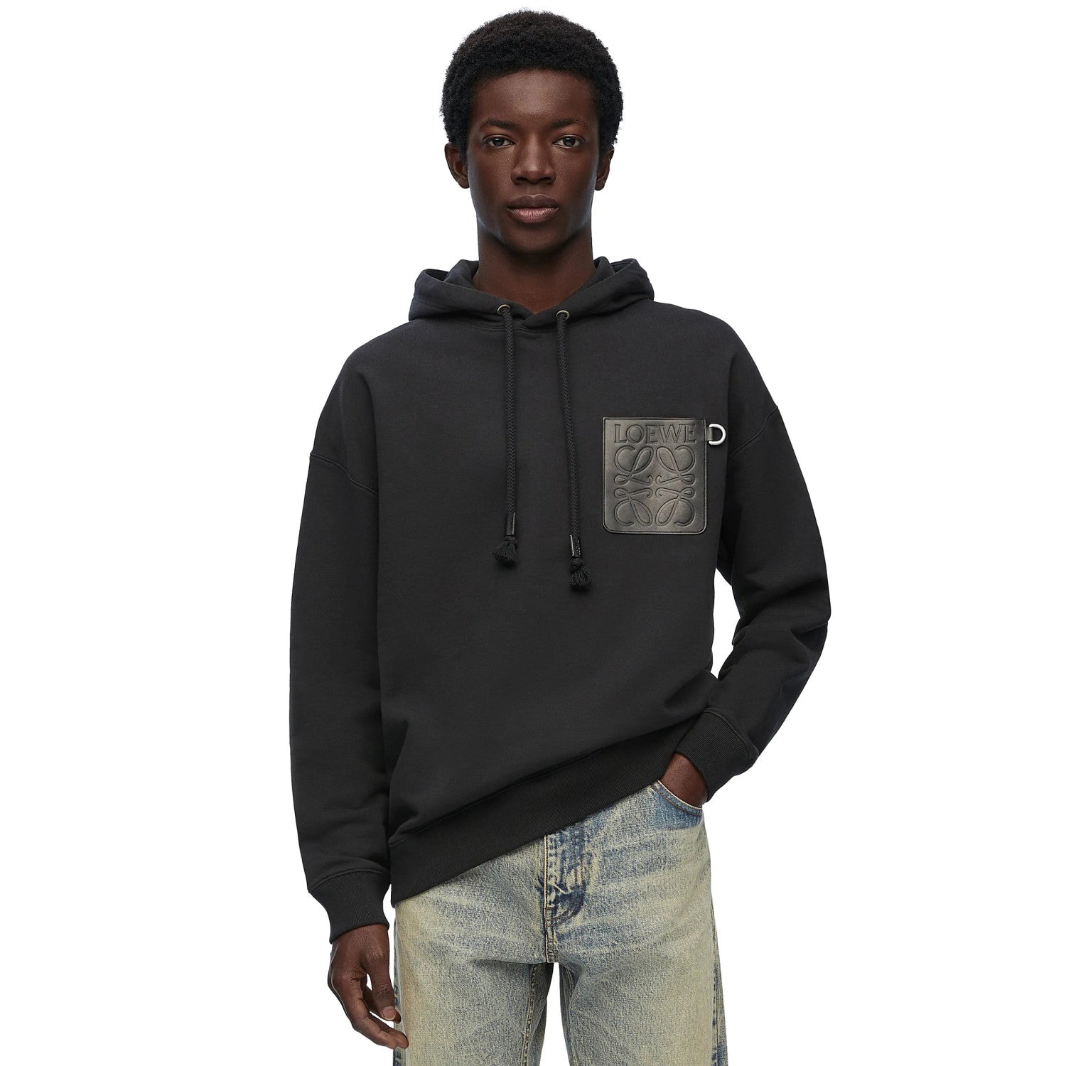 Men's Spring & Autumn Solid Color Logo Leather Label Drawstring Hooded Sweatshirt Pullover #98912