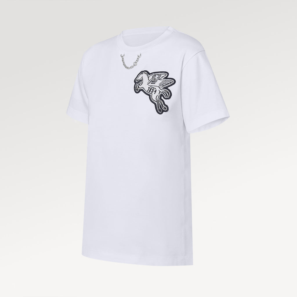 Men's Women's Spring Summer Chain Appliques Pattern Loose T-Shirt Round Neck Cotton Top Ngvp #8866