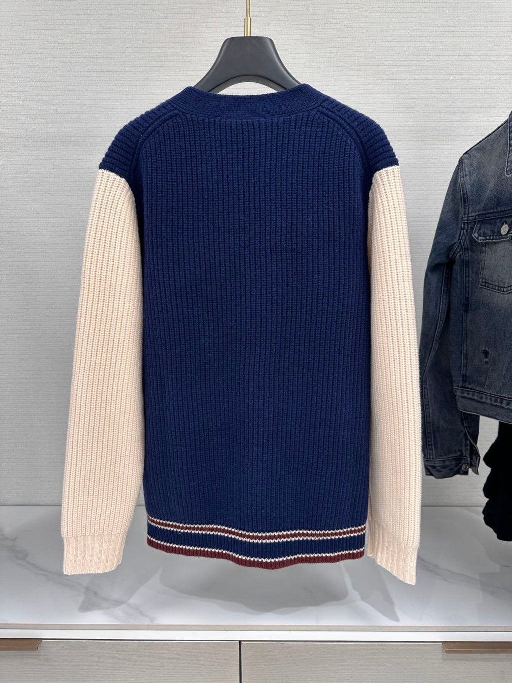 Women's Spring And Fall V-neck Blue And White Blended Knit Single Breasted Cashmere Sweater Jacket #74428