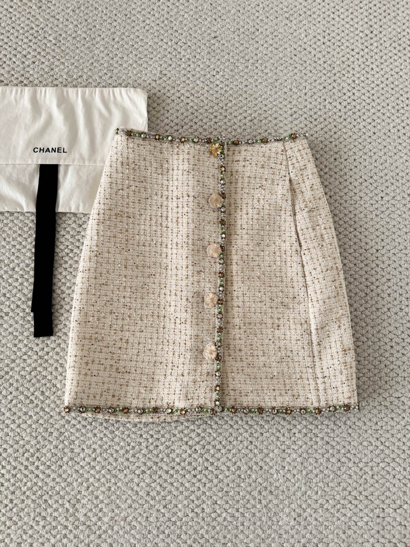 UK Mi Luxury Fashion 26SS Beaded Tweed Halter Vest Top Jacket Skirt Set Suit #194254